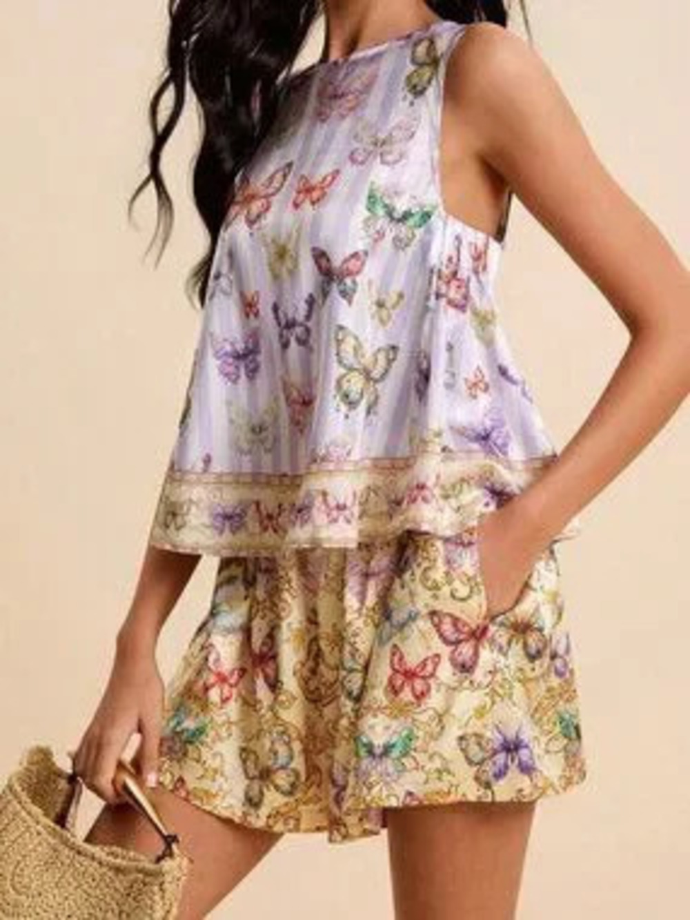 Multicolor Boho Women's Butterfly Print Round Neck Top And Shorts 2-Piece Set